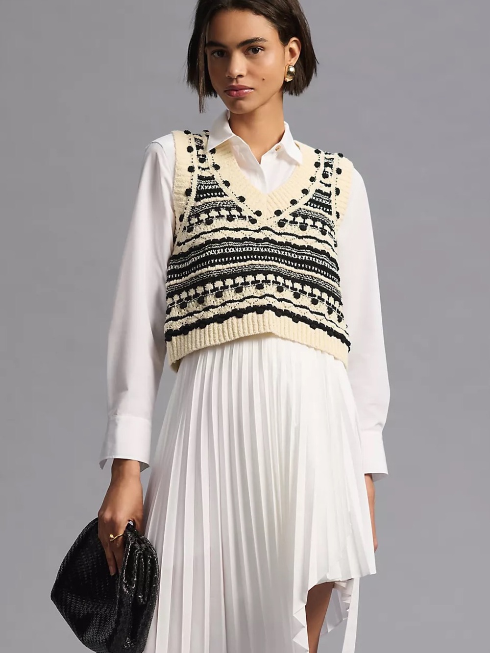 Pilcro Anthropologie Black & Cream Boho Knit Sweater Vest Large | Textured Fair